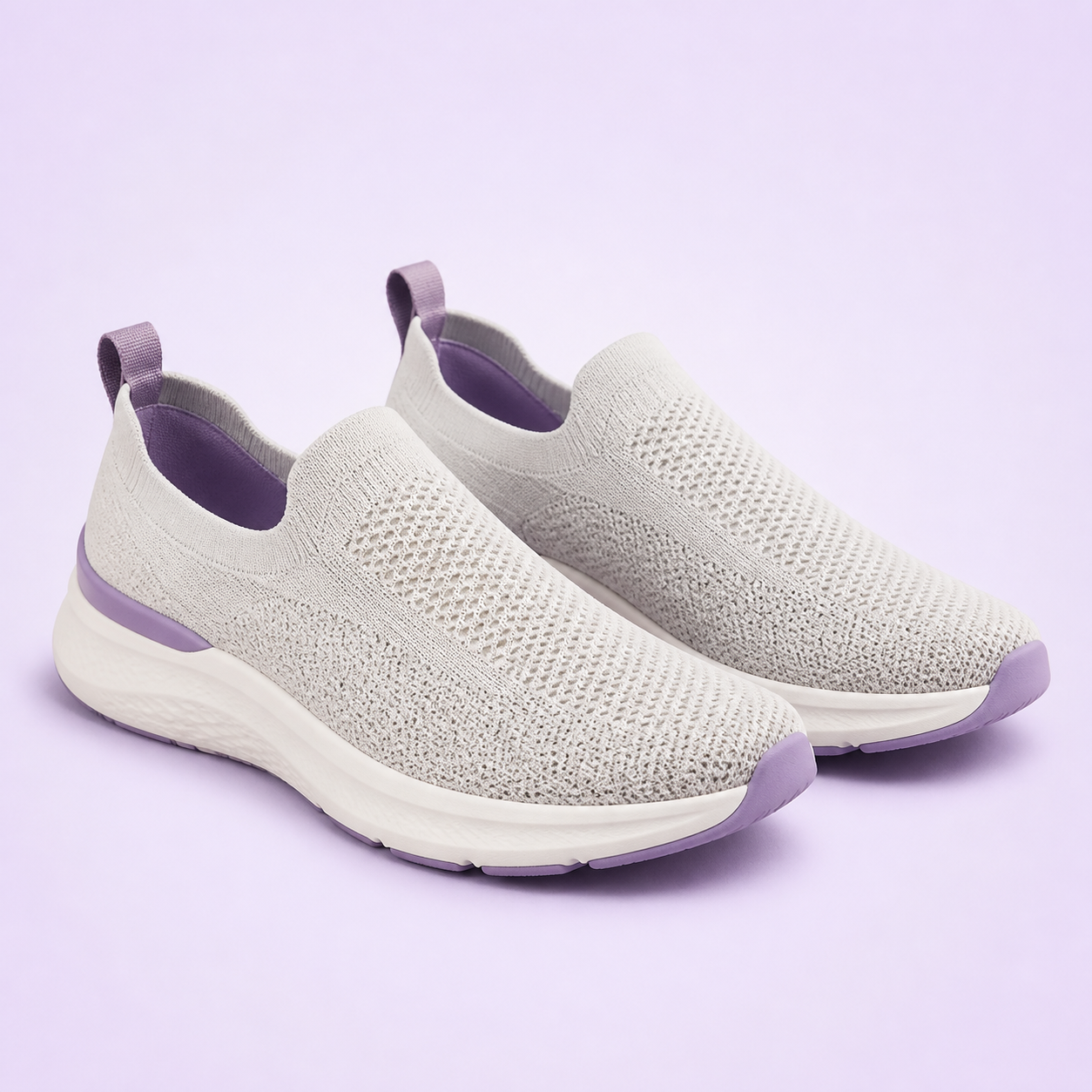 White and purple slip-on sneakers